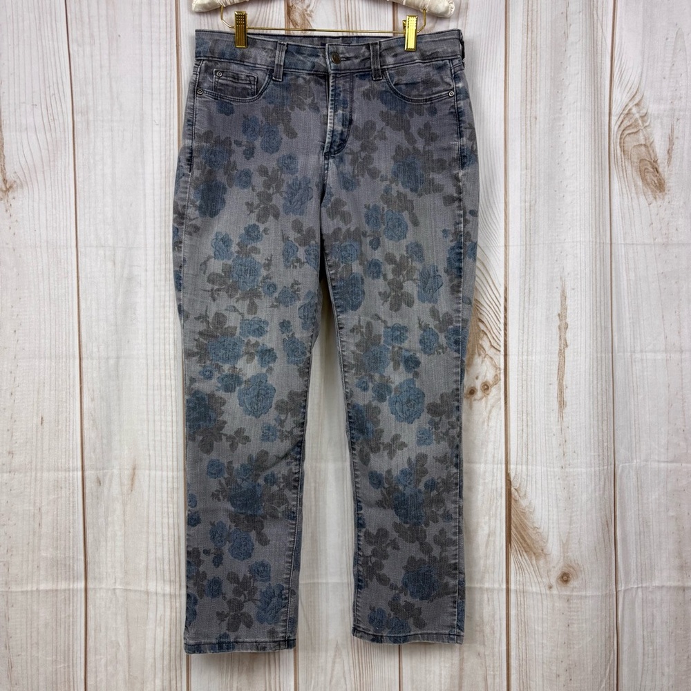 NYDJ Cropped Skinny Jeans Wild Rose Floral Lift Tuck Hi-Rise Pants Gray Sz 6